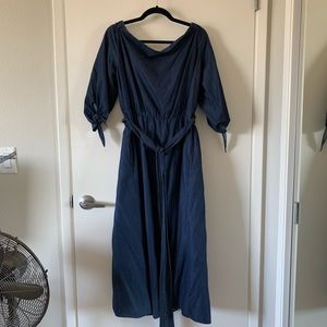 off the shoulder denim chambray maxi dress